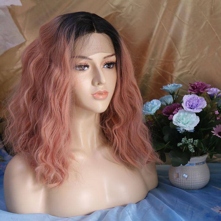VIP Extensions Black Root to Rose Pink Body Wave Synthetic Lace Front Wig, Style 035