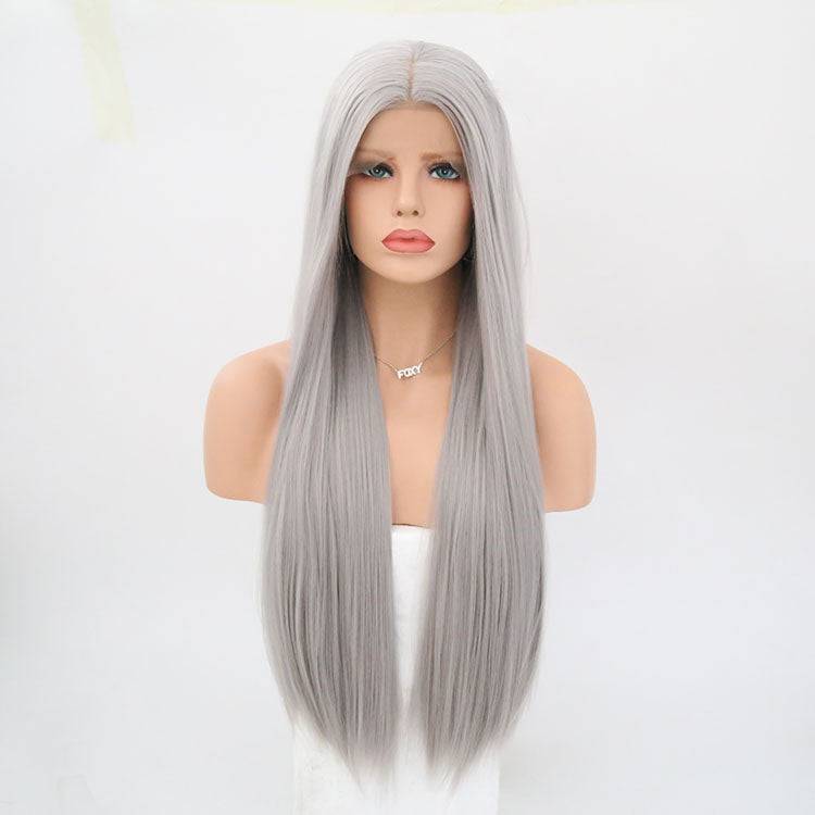 VIP Extensions Silver Grey Straight Synthetic Lace Front Wig, 24", Color 0906 (75)