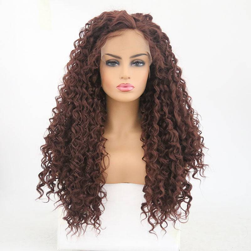 VIP Extensions Dark Auburn Deep Curly Synthetic Lace Front Wig, 24", Color 33 (80)