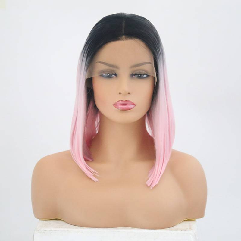 VIP Extensions Off Black to Light Pink Straight Bob Synthetic Lace Front Wig, Style 25