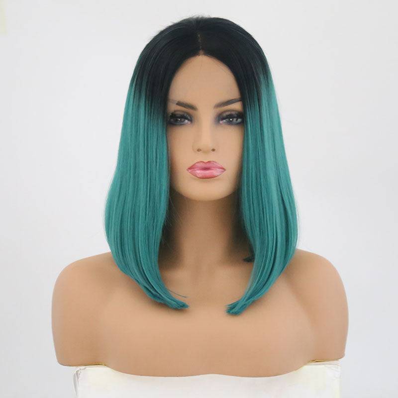 VIP Extensions Off Black to Teal Straight Bob Synthetic Lace Front Wig, 14", Color T1B/DB (81)