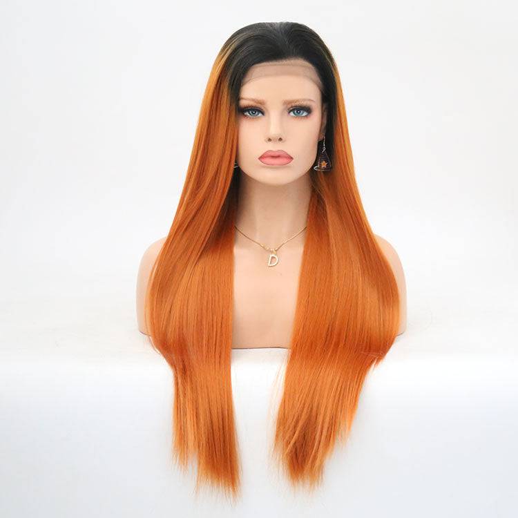 VIP Extensions Off Black to Bright Orange Straight Synthetic Lace Front Wig, 24", Color T1B/2738 (68)