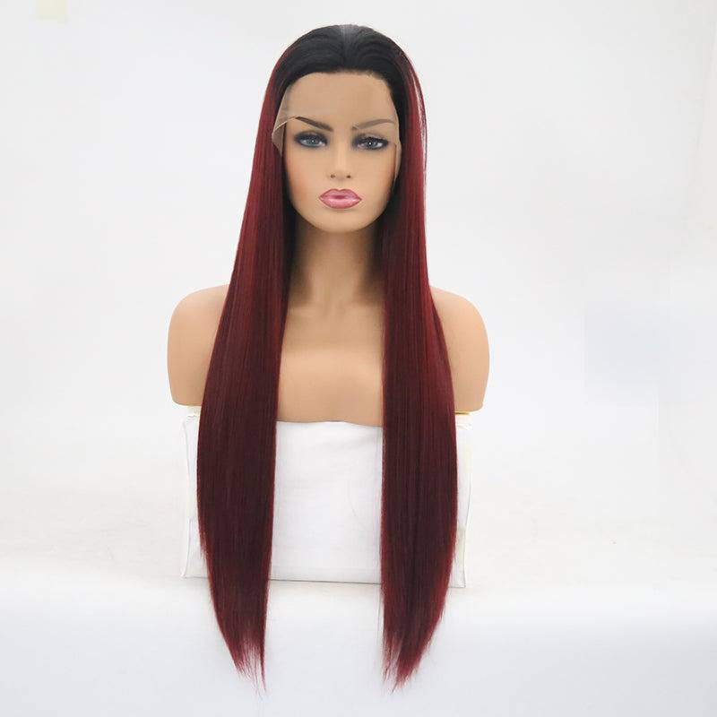 VIP Extensions Black Root to Burgundy Straight Synthetic Lace Front Wig, 24", Color 1BT99J (27)
