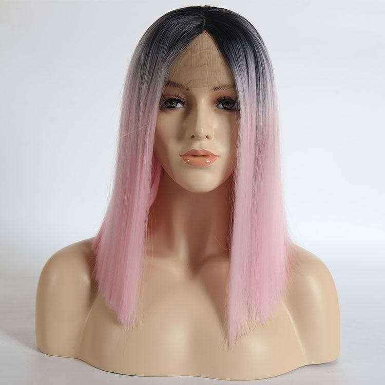 VIP Extensions Dark Grey to Pink Ombre Straight Bob Synthetic Lace Front Wig