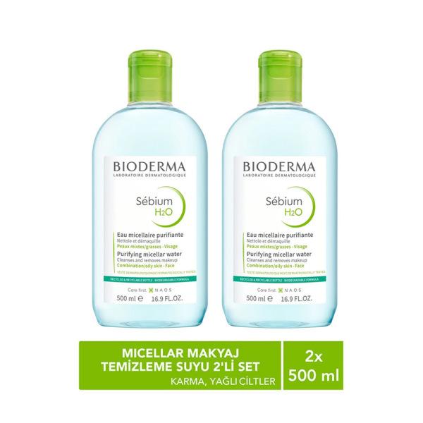 Bioderma Sebium H2O 500ml Twin Set - Gentle Cleansing Water for Oily Skin, Non-comedogenic Skincare, Makeup Remover
