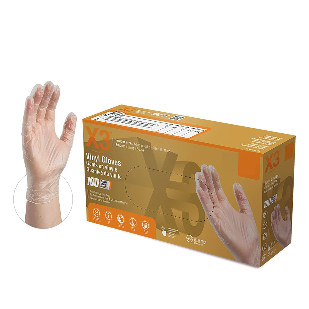 Ammex X3 Clear Vinyl Industrial Latex-Free Disposable Gloves