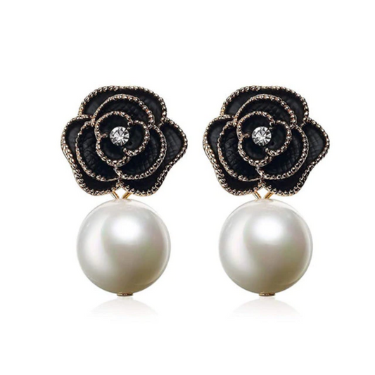 Black Flower Pearl Stud Dangling Earrings